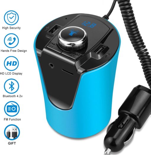 Ραδιόφωνο Πομπός Αυτοκινήτου με Bluetooth σε σχήμα κυπέλλου με οθόνη LED & Θύρα USB, BX6, σε μπλε χρώμα