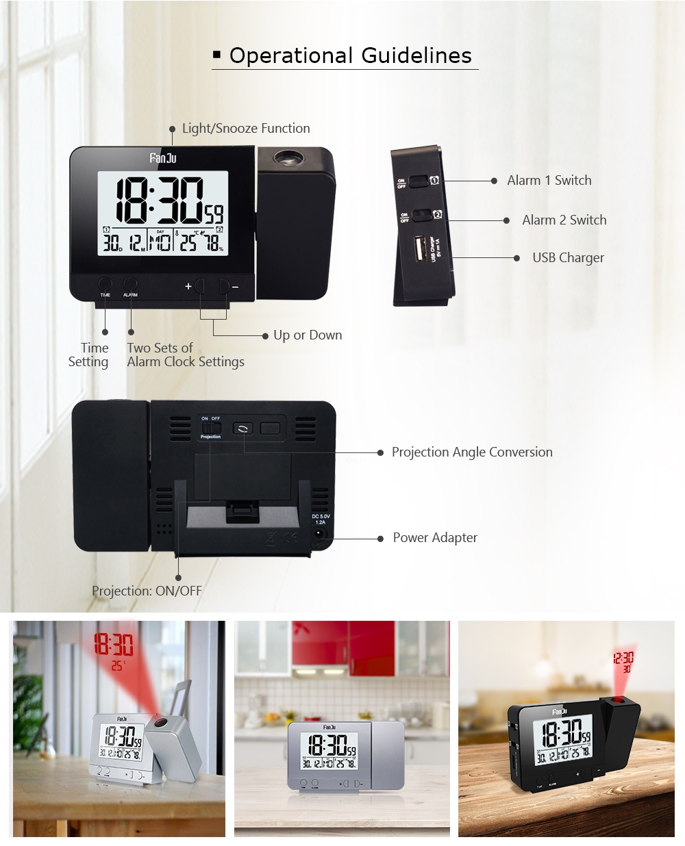 Ρολόι Ξυπνητήρι FanJu FJ3531 Projection Alarm Clock, σε λευκό χρώμα G
