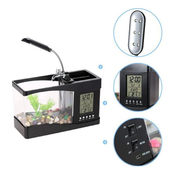 Docooler Usb Desktop Mini Fish Small Fry Tank Aquarium With Led Clock G For Gadget