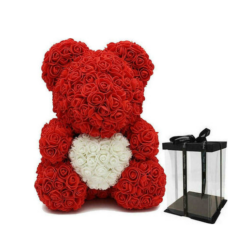 Αρκουδάκι Από Τεχνητά Τριαντάφυλλα Teddy Bear Roses Κόκκινο με λευκή Καρδιά 40 cm
