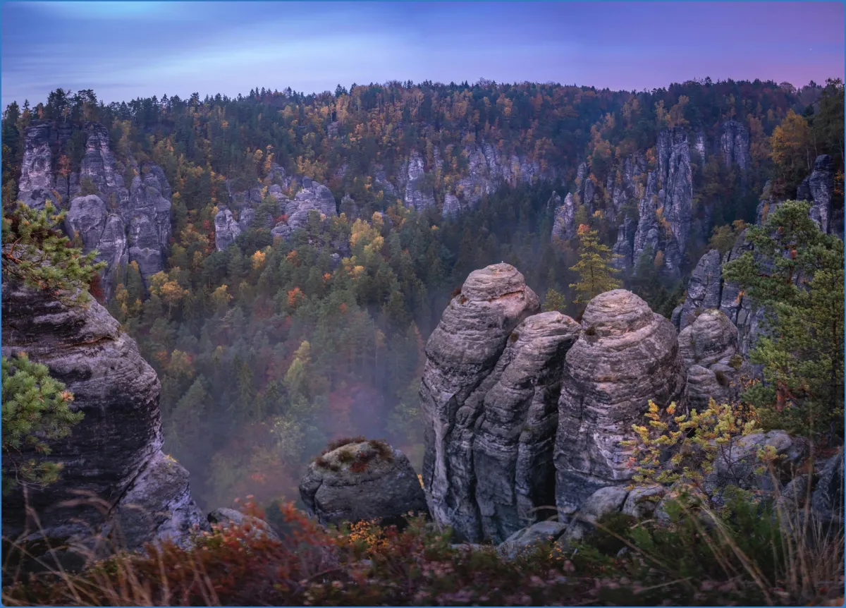 Felsformationen im Wald bei Sonnenuntergang