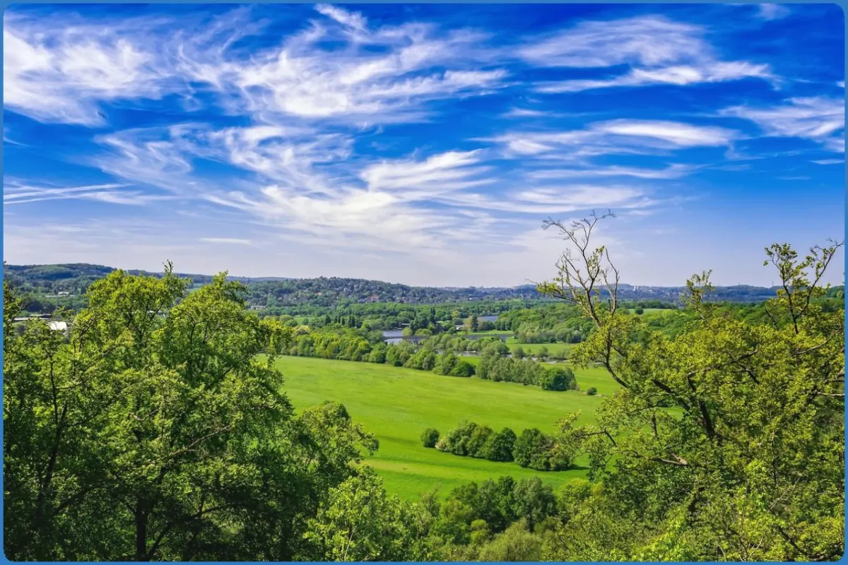 Landschaft mit grünen Feldern und blauem Himmel