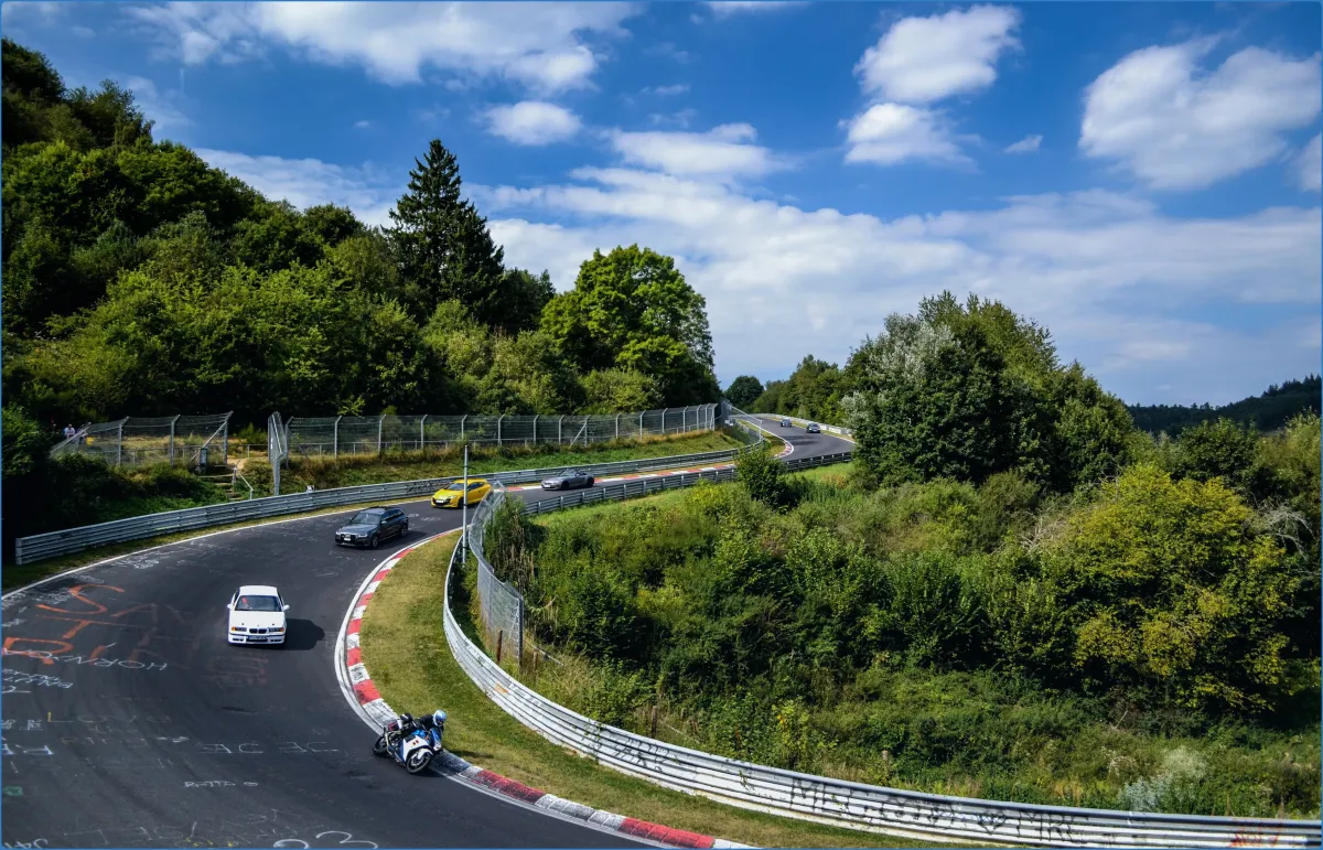 Autos auf einer Rennstrecke in einer grünen Landschaft.