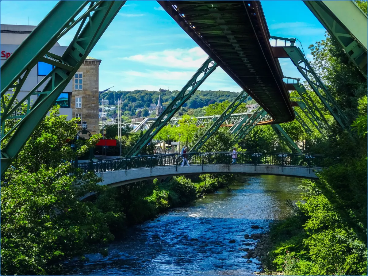 Schwebebahn über Fluss und Brücke