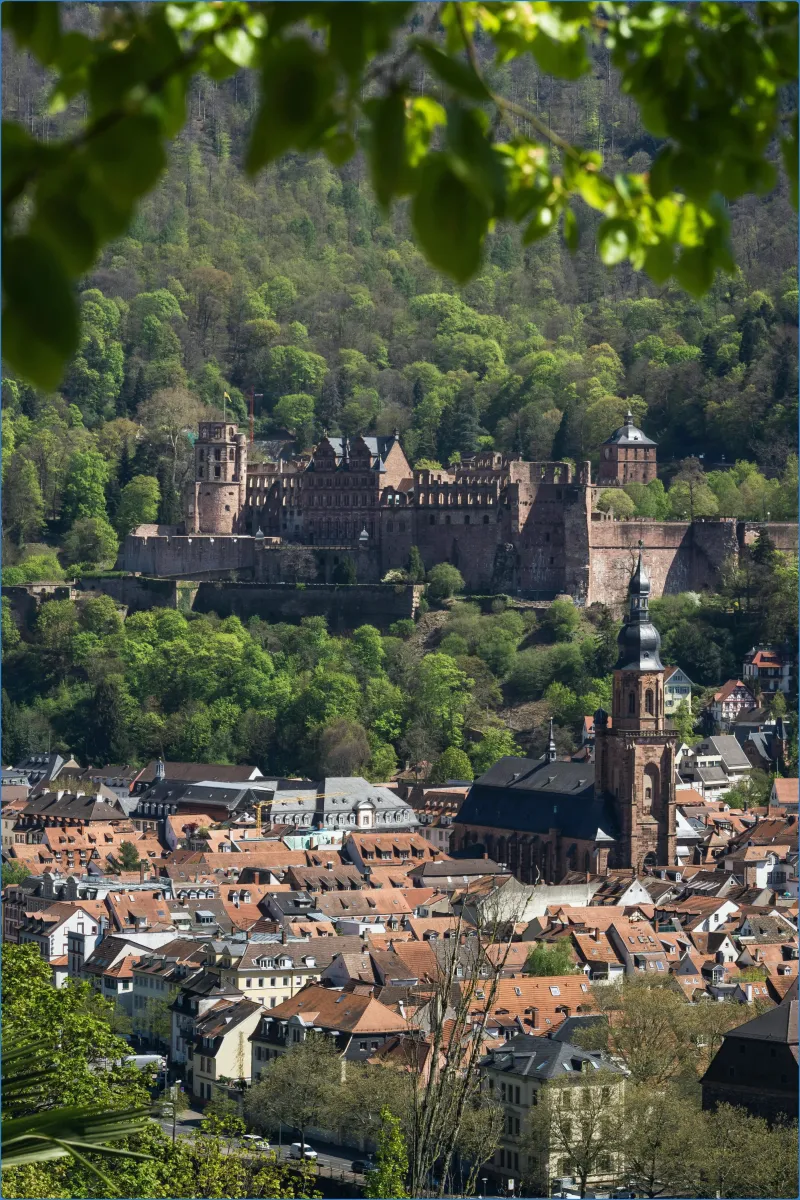 Blick auf Schloss und Altstadt von Heidelberg.