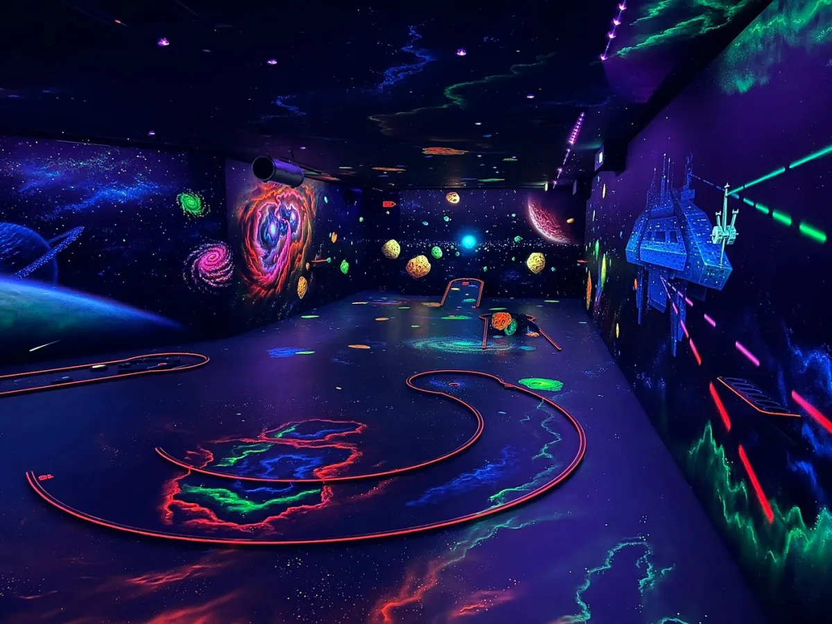 Neon-Minigolfplatz mit Weltraumthema