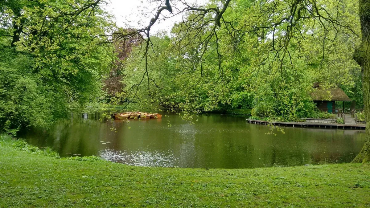 Teich mit Bäumen und kleinem Holzhaus