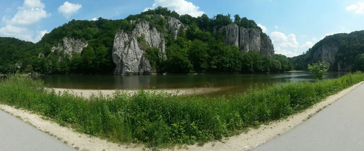 Fluss mit Felsen und Wald im Hintergrund
