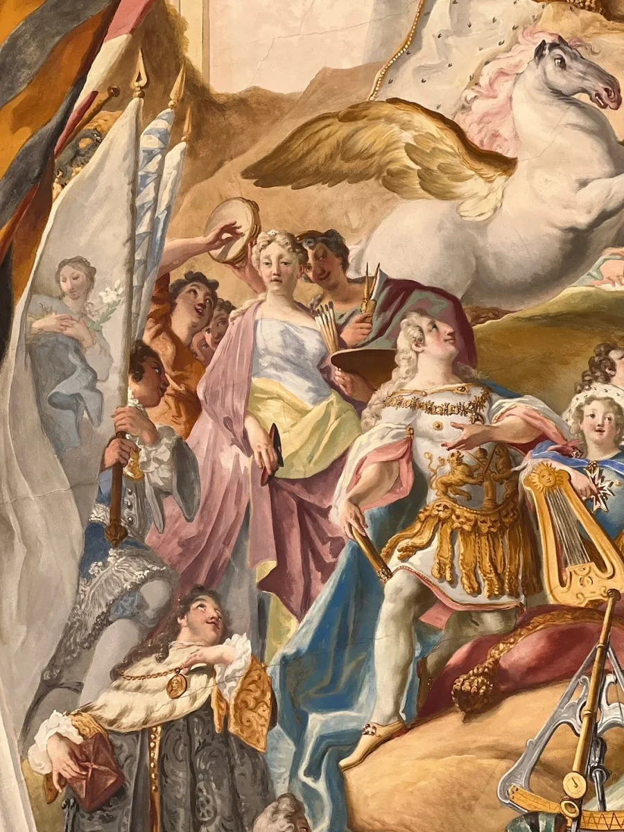 Barockgemälde mit Figuren und geflügeltem Pferd.