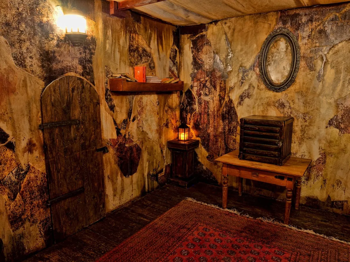 Rustikaler Raum mit Holztür und Tisch.