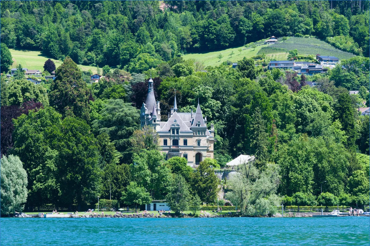 Castle surrounded by lush greenery near a lake