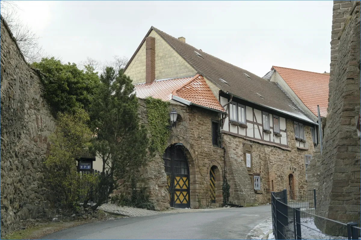 Historic stone building with ivy and wooden beams