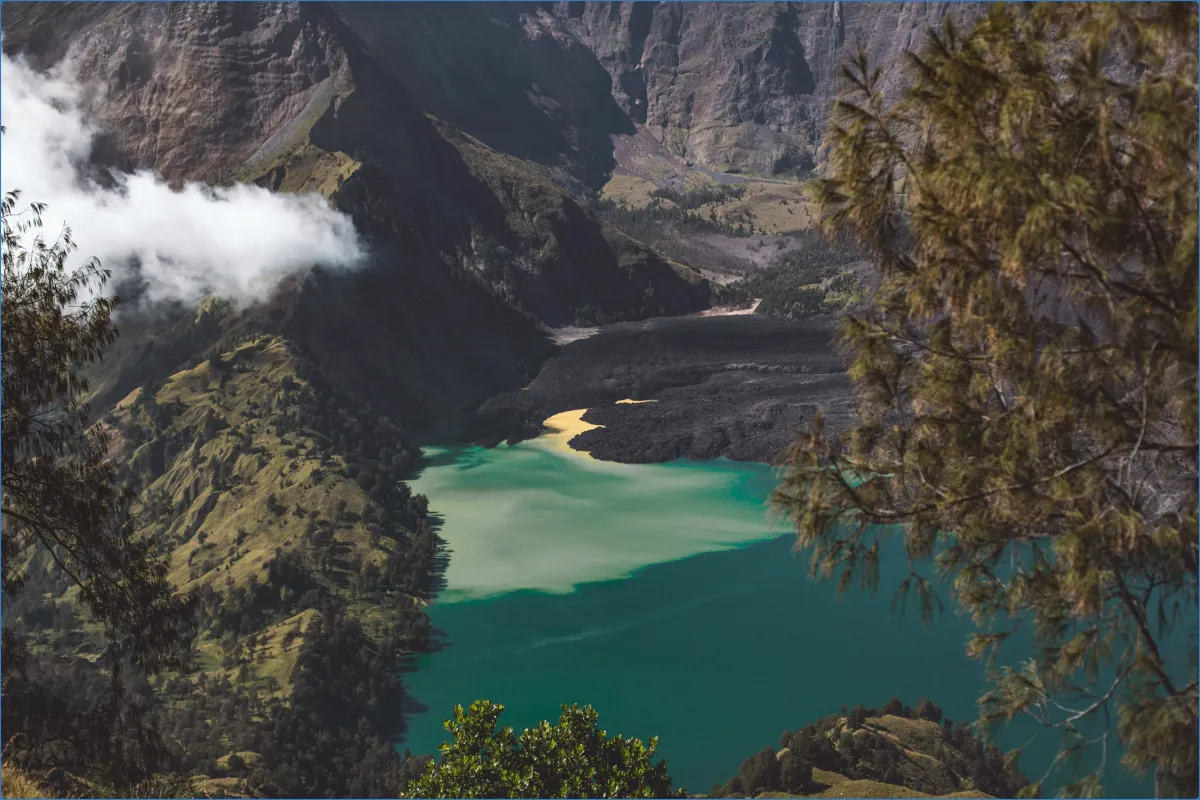 Scenic view of a lake surrounded by mountains.