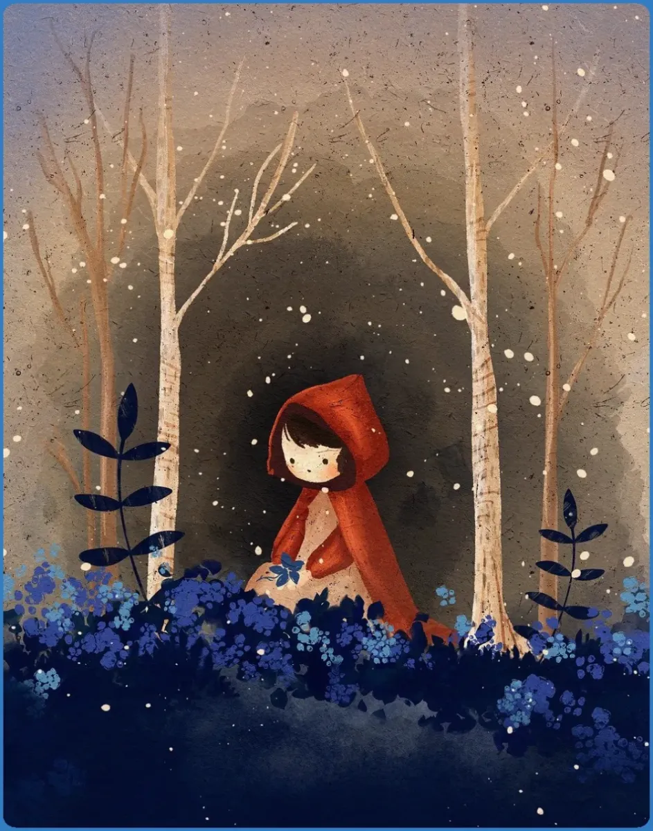 Illustration of a child in a red hooded cloak in a forest.