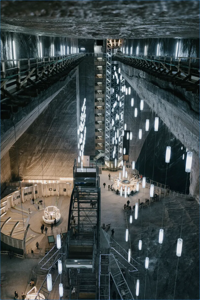 Interior of an illuminated underground salt mine.