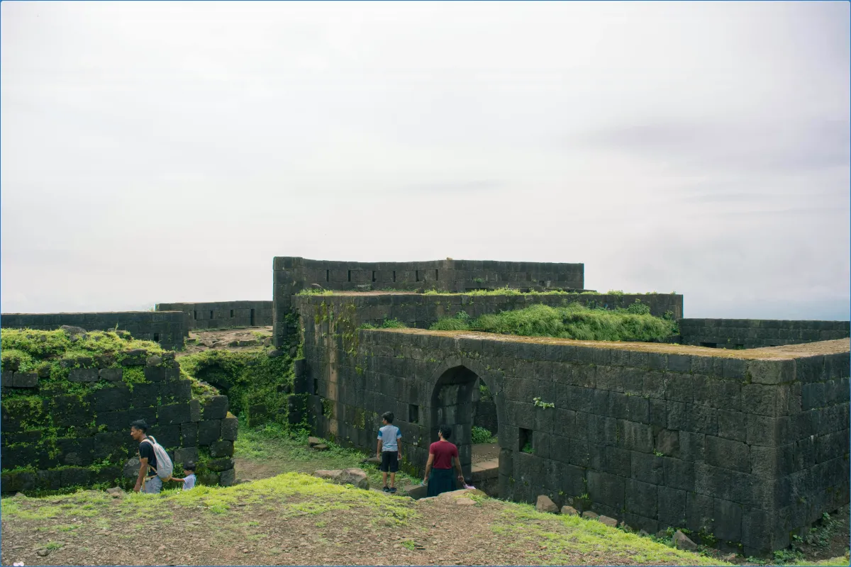 People exploring an ancient stone fort with greenery.