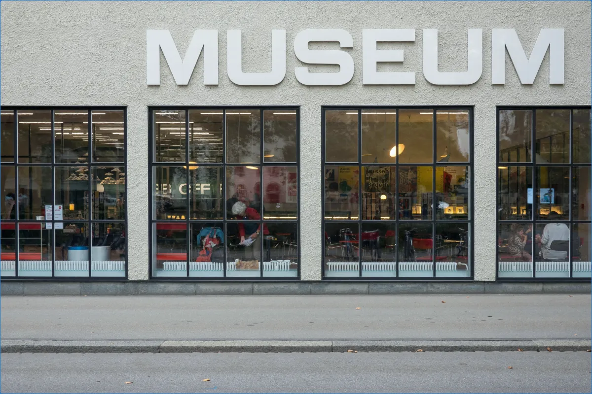 Exterior view of a museum with large windows
