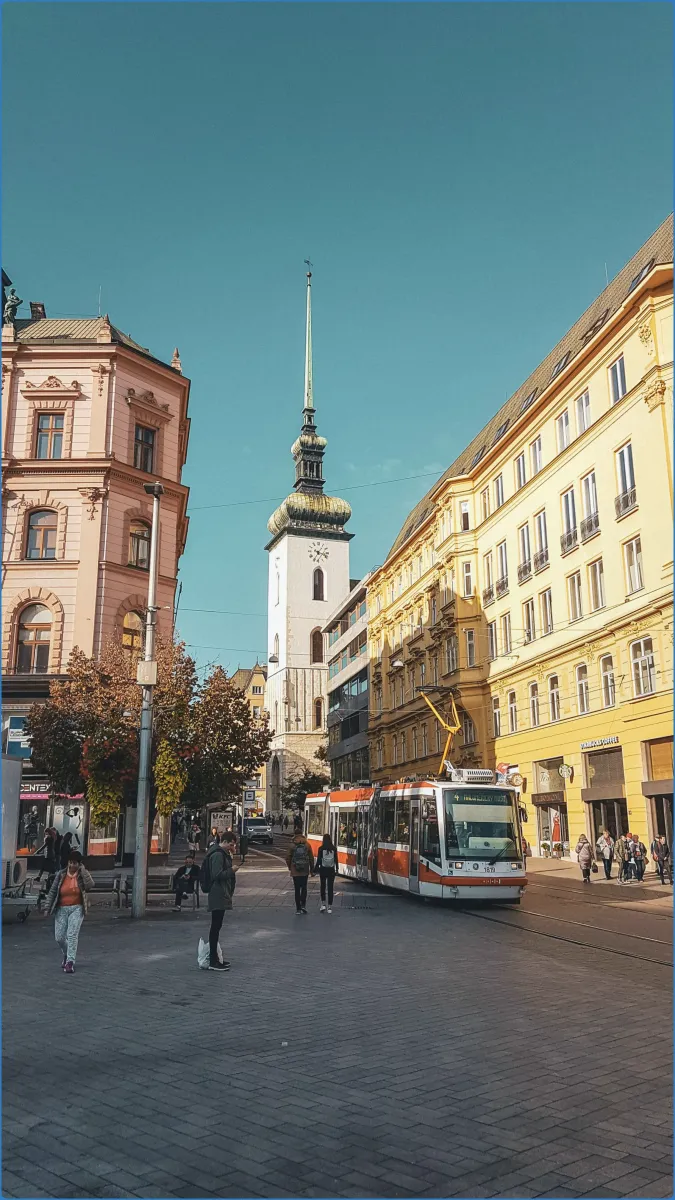 Street scene with tram and historic buildings
