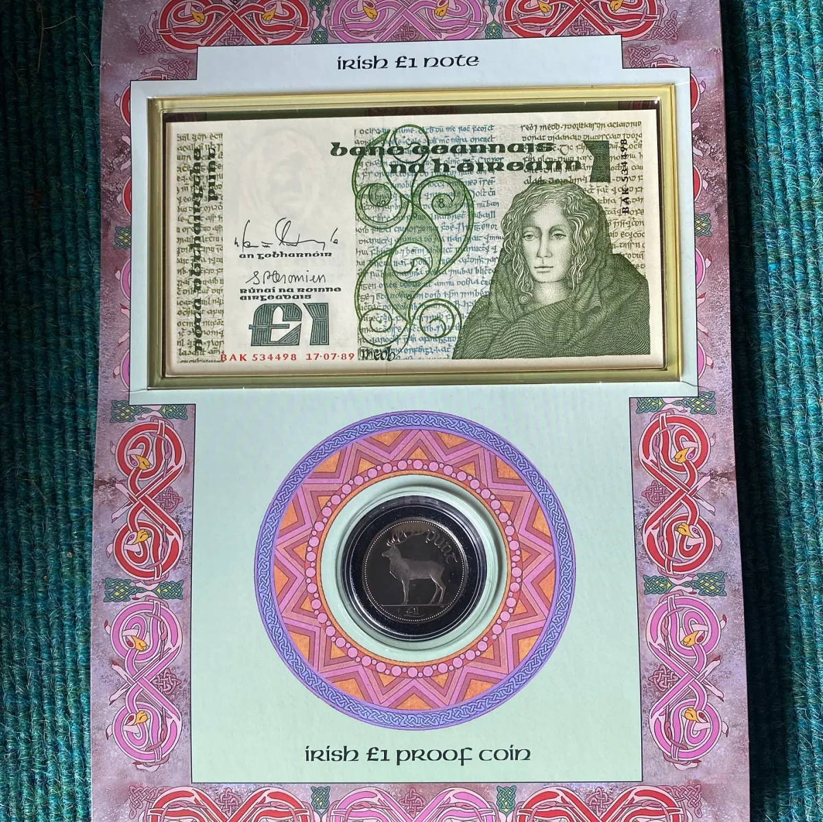 Irish £1 note and proof coin in decorative display.