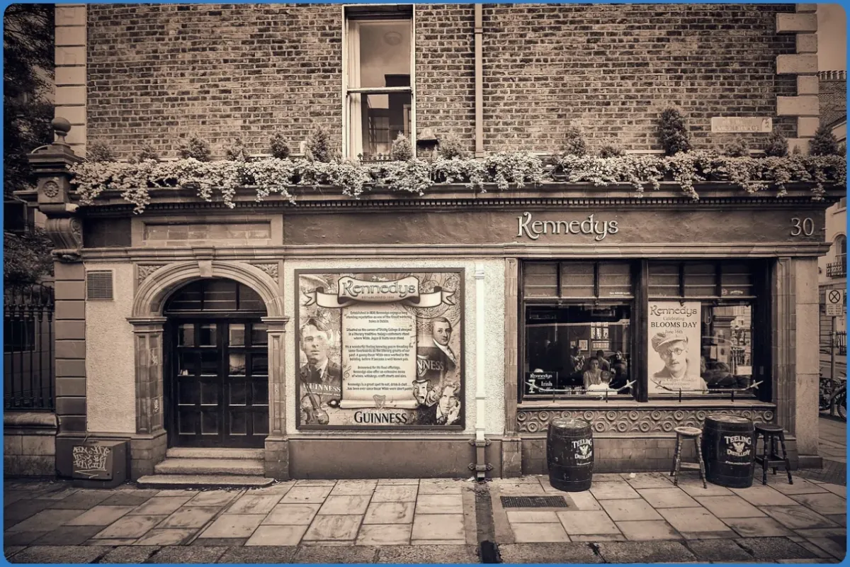 Vintage-style photo of Kennedys pub exterior.