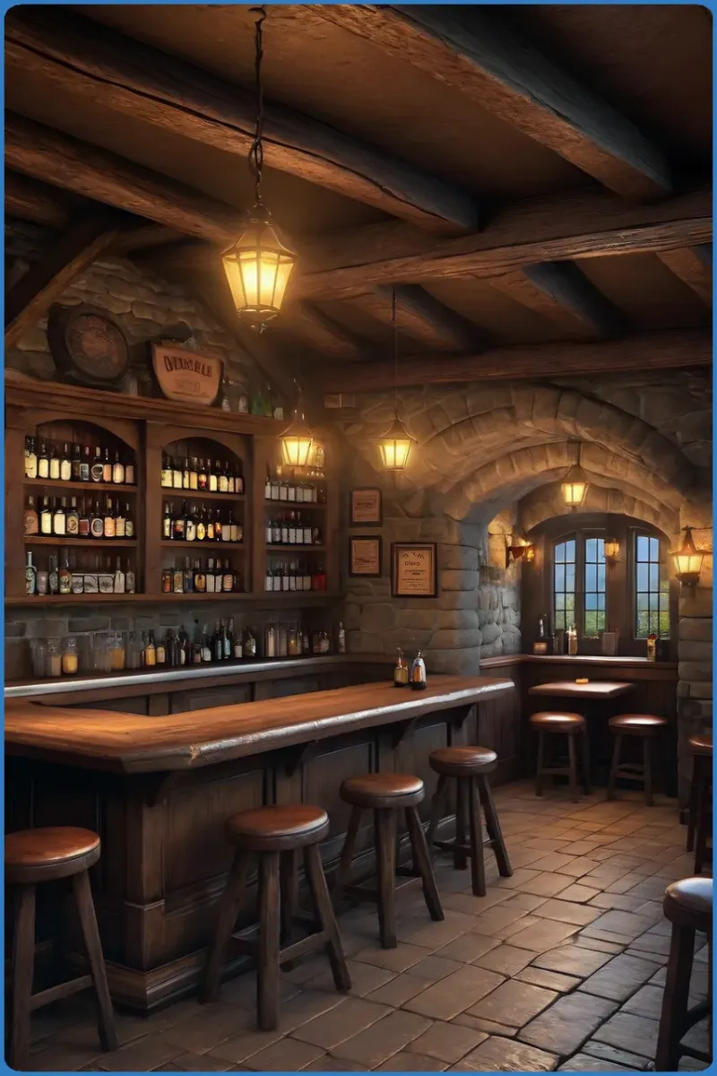 Cozy rustic pub interior with wooden bar and stools.