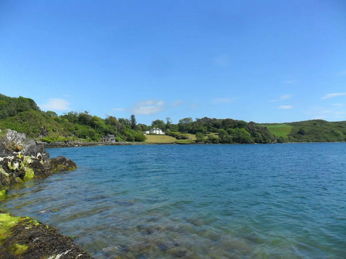 Scenic view of a coastal landscape with greenery.