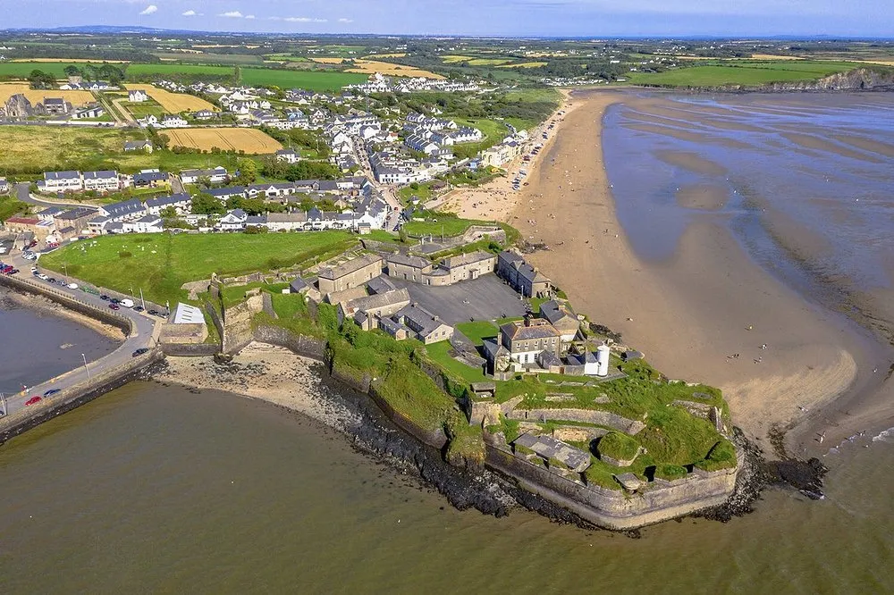 Aerial view of a coastal fort and beach.