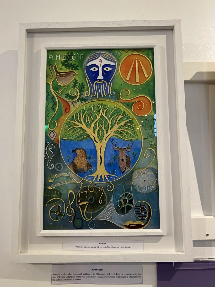 Framed artwork depicting Amergin with symbolic elements.