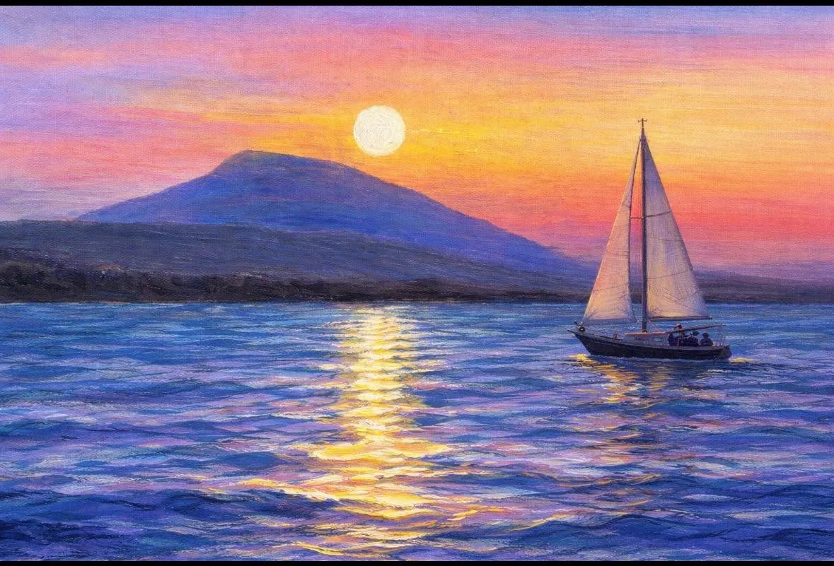 Sailboat on a lake at sunset with mountains in the background.