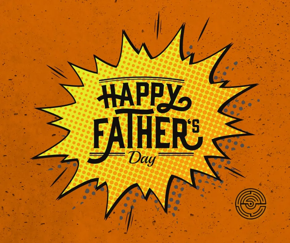 Comic-style Happy Father's Day text on orange background