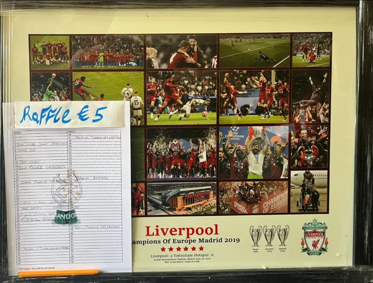 Framed Liverpool 2019 Champions collage with raffle sheet.
