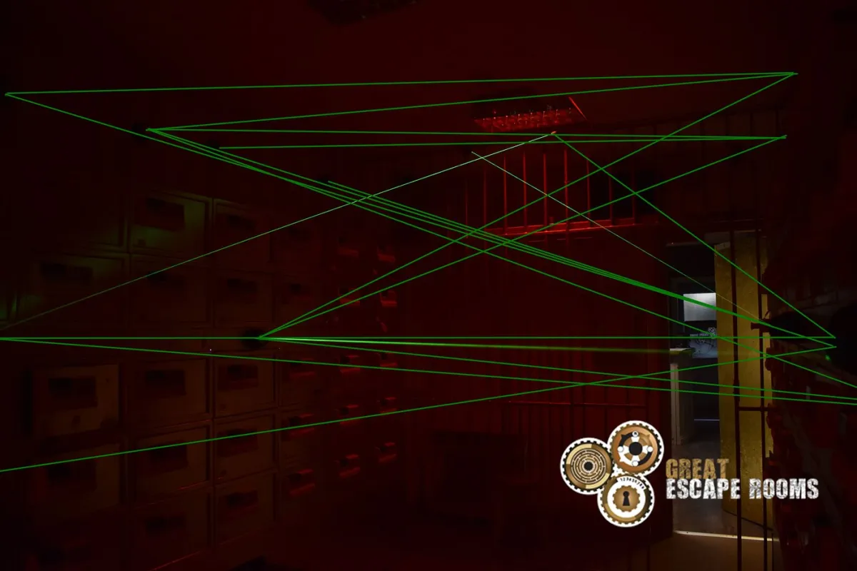 Escape room with green laser beams.