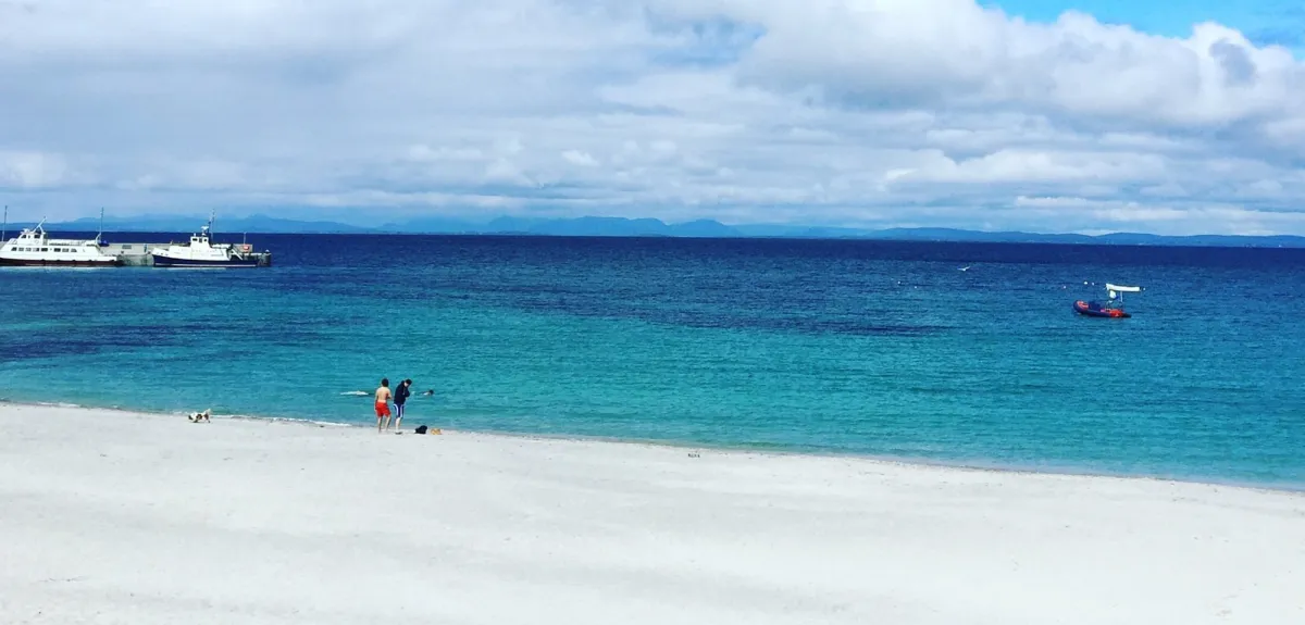 Beach with people and boats in the distance