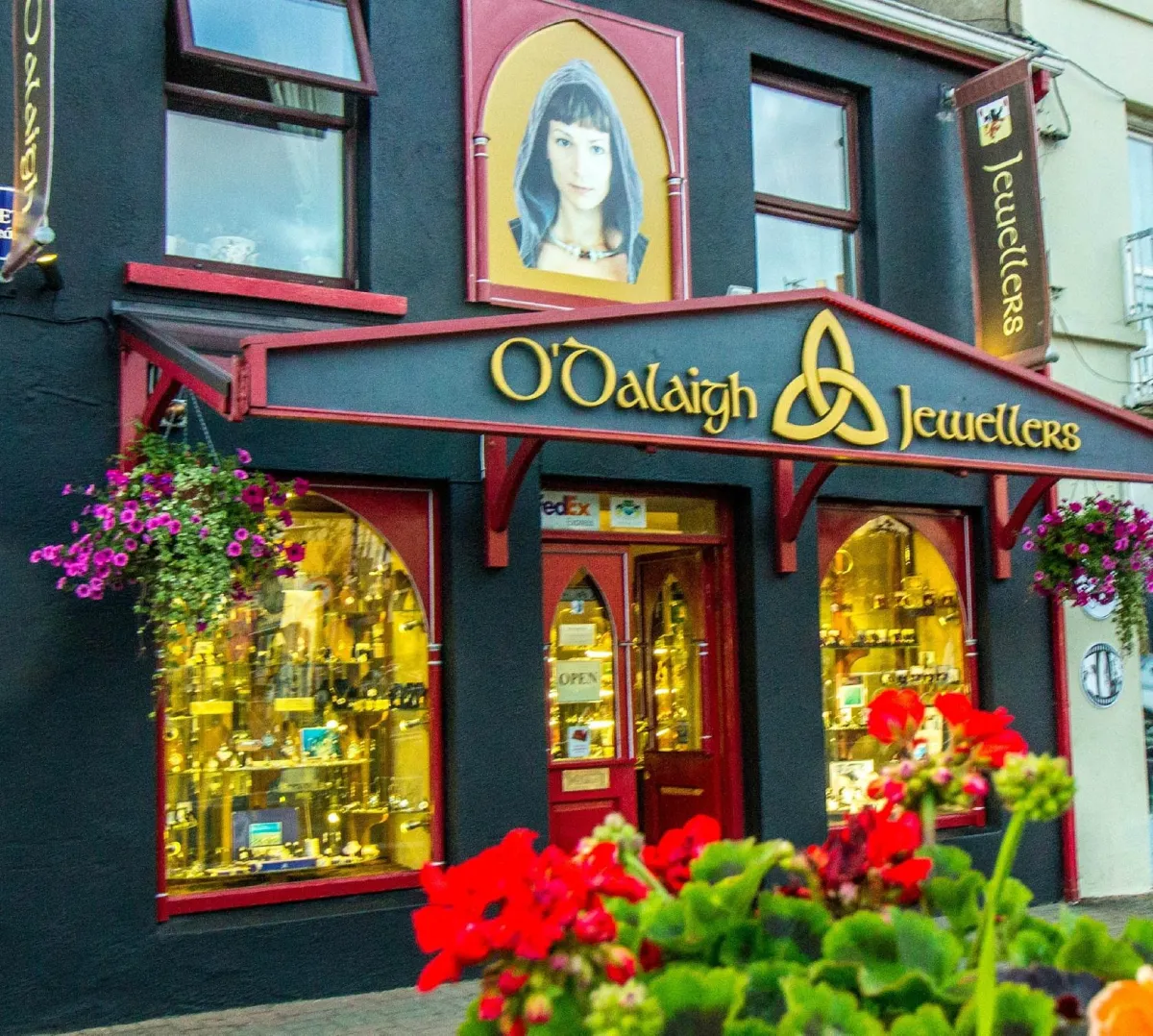 Front view of O'Dalaigh Jewellers shop with flowers.