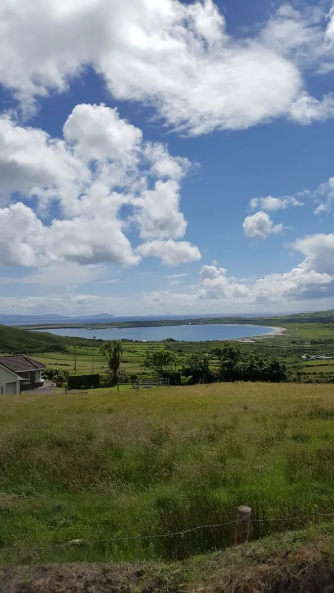 Scenic view of a coastal landscape with grassy fields.