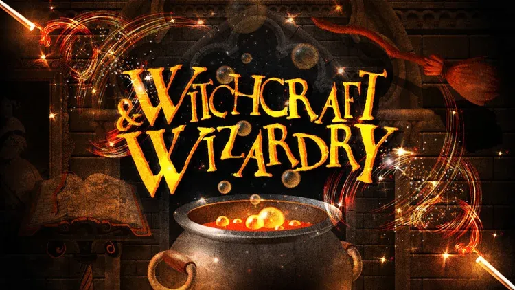 Cauldron with bubbling potion and text Witchcraft Wizardry
