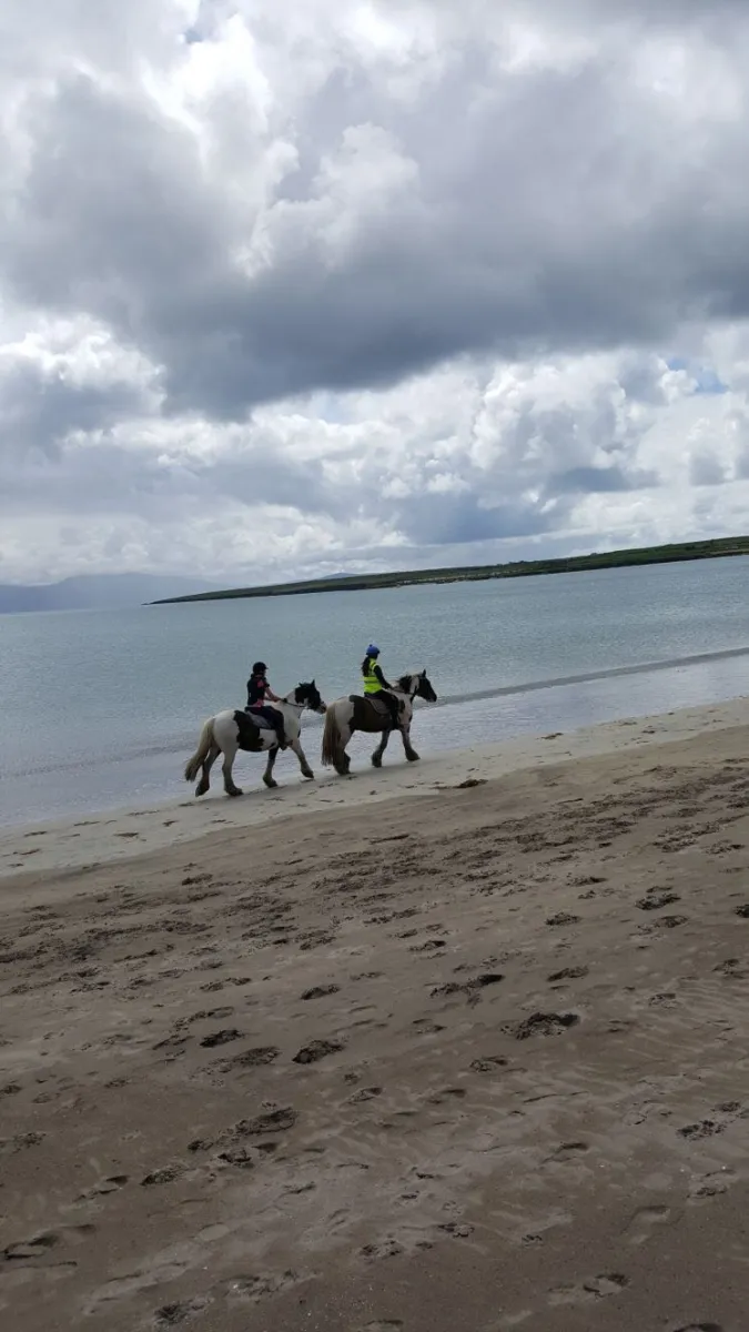 Two people horseback riding on a beach.