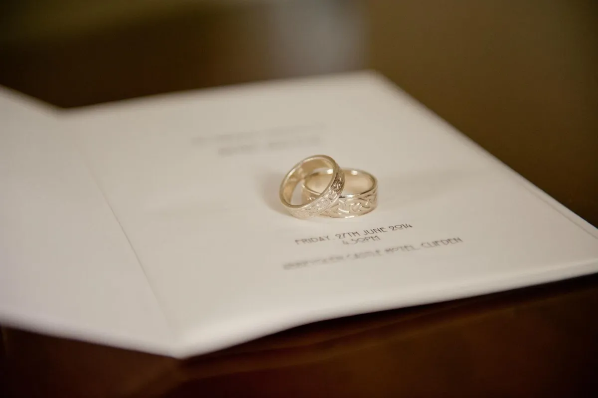 Two wedding rings on an invitation card