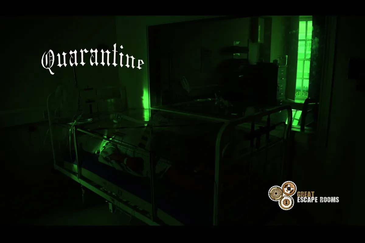 Dimly lit hospital room with quarantine sign.