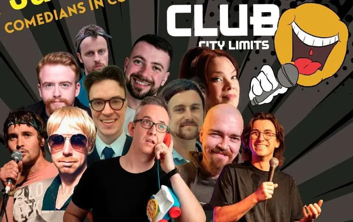 Collage of comedians with a cartoon laughing face and microphone.