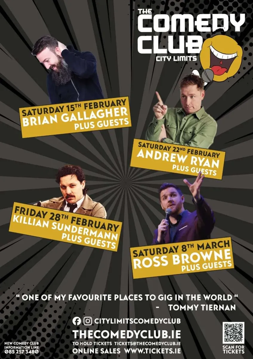 Comedy Club poster with four comedians and event dates.