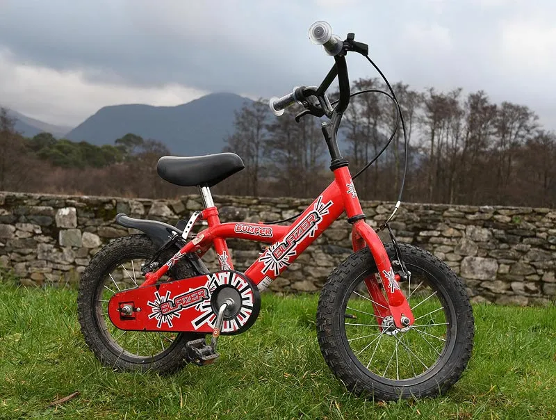Red children's bicycle on grass with stone wall in background.