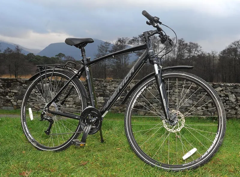 Black bicycle on grass with stone wall and trees in background.