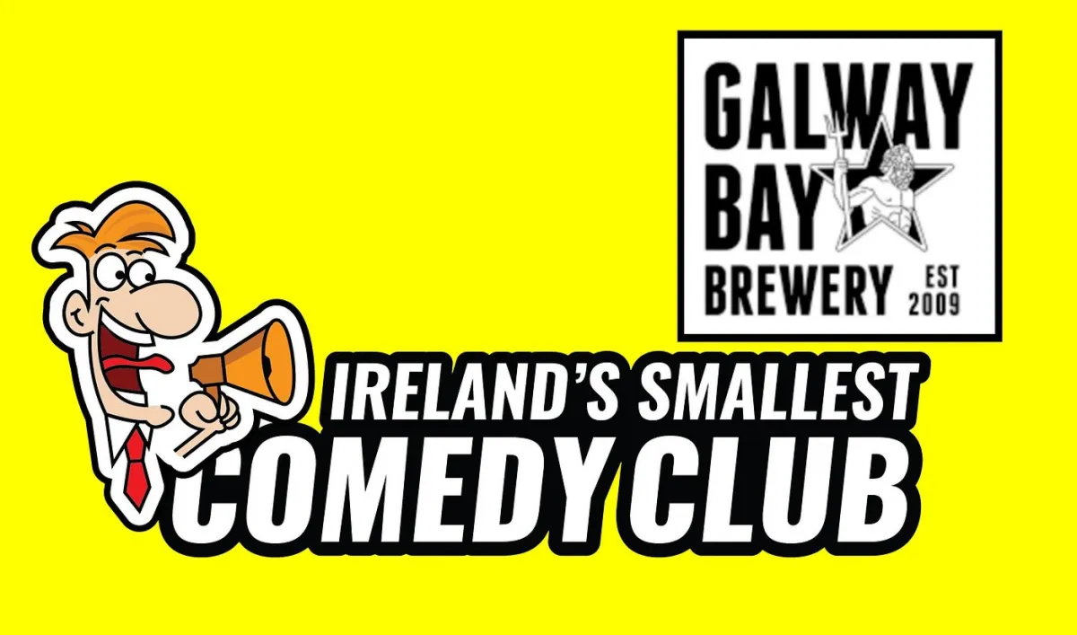 Cartoon man with megaphone and text about comedy club.