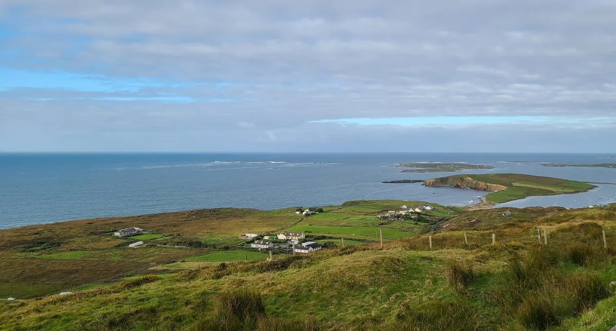 Coastal landscape with green fields and ocean