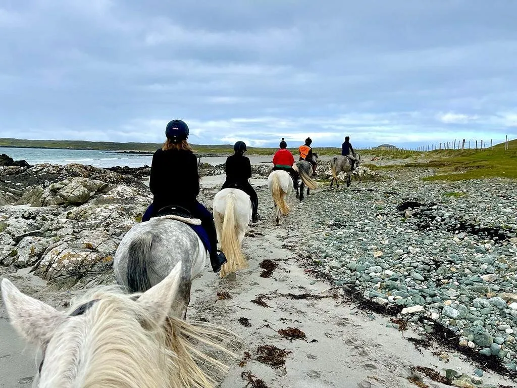 Group horseback riding on a rocky beach