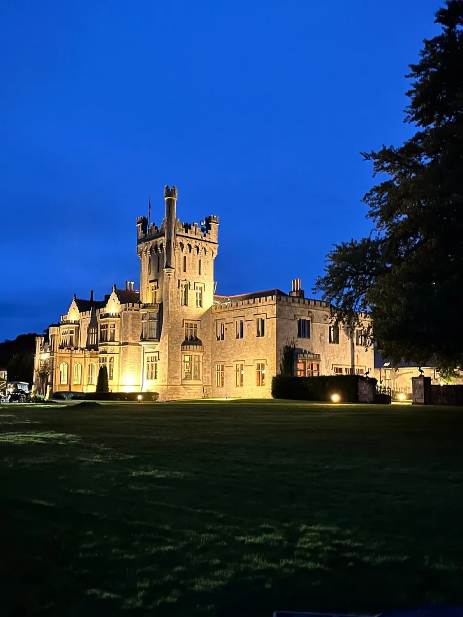 Illuminated castle at night with a clear blue sky