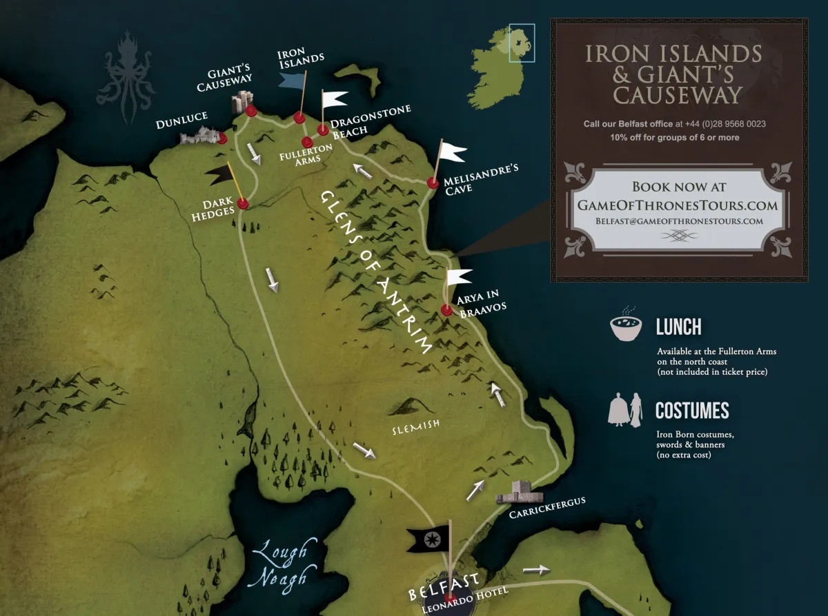 Map of Game of Thrones tour locations in Northern Ireland.