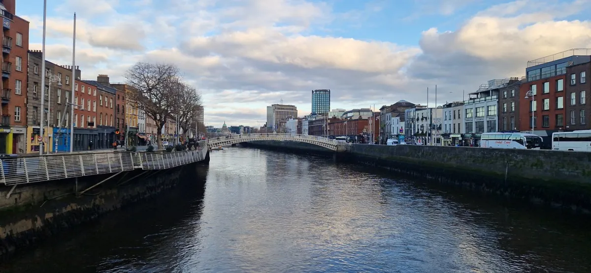 River with bridge and buildings on both sides