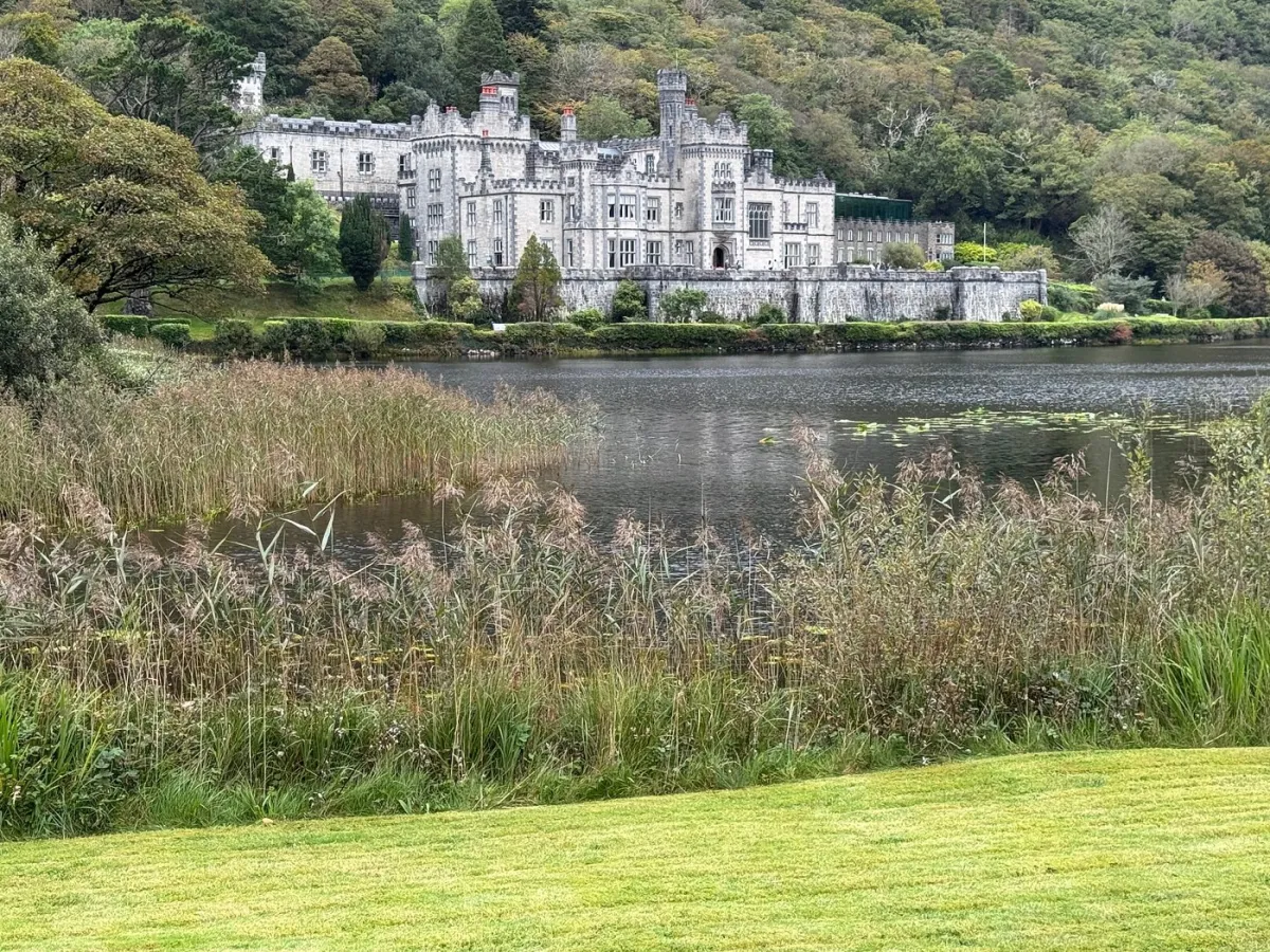 Castle by a lake with surrounding greenery